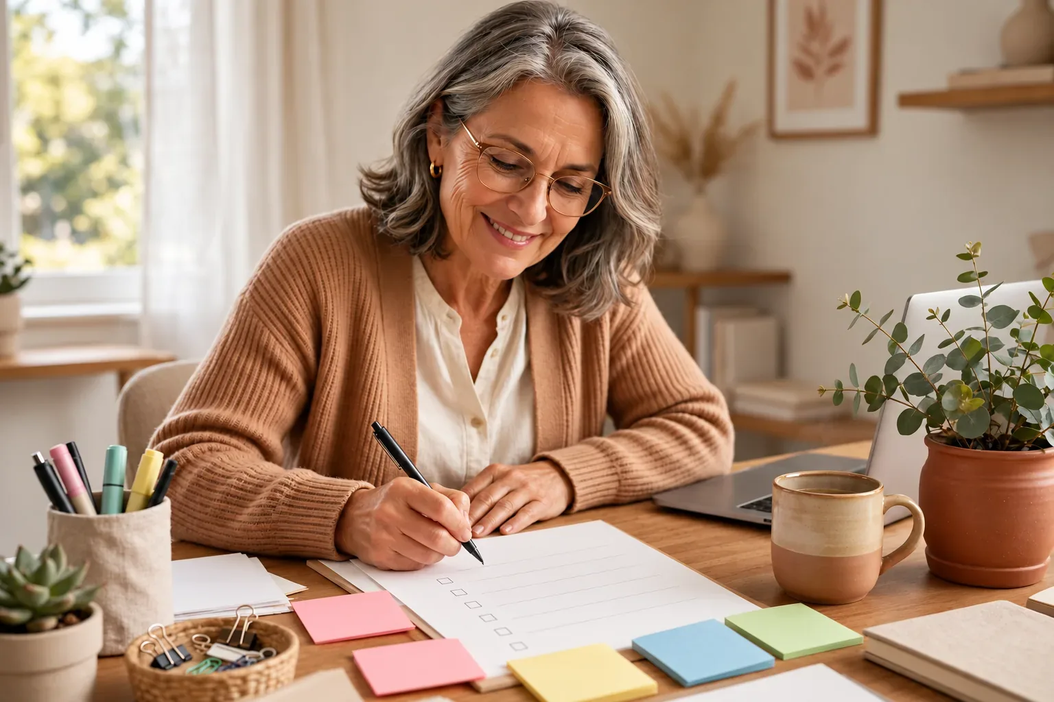A woman over 50 writing on a blank focus checklist at her desk in a calm, bright home.