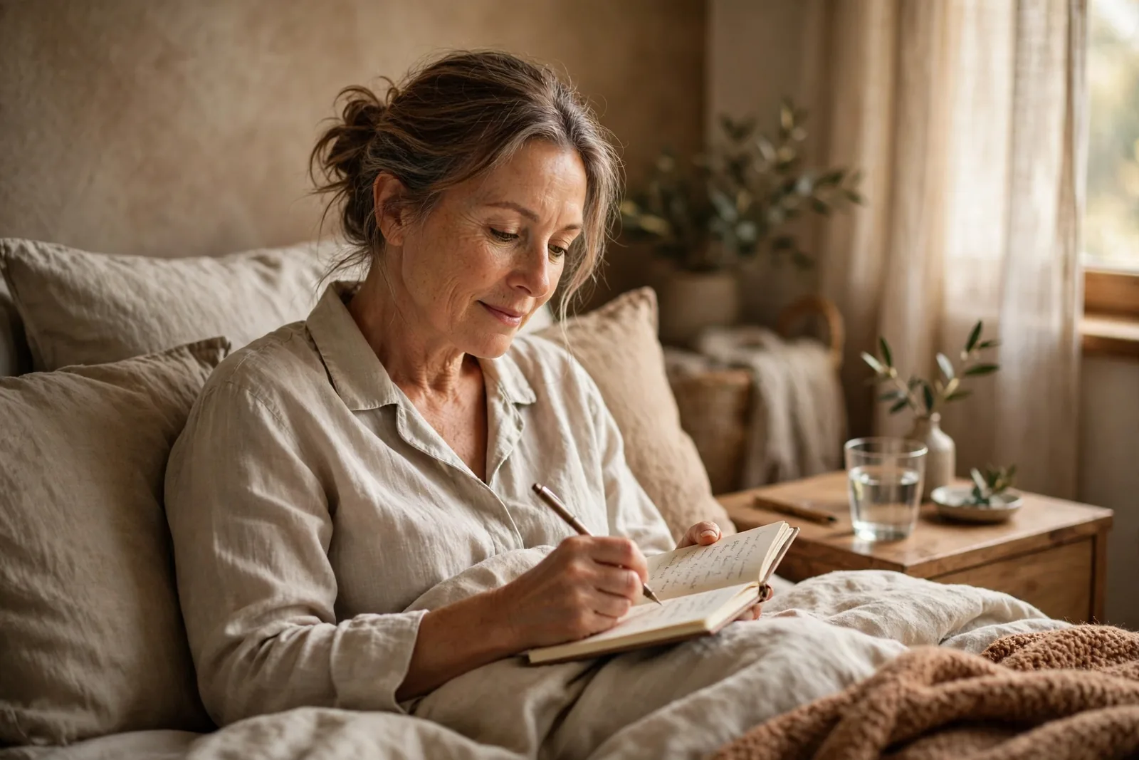 Woman in her 50s writing in a journal in bed in soft morning light.
