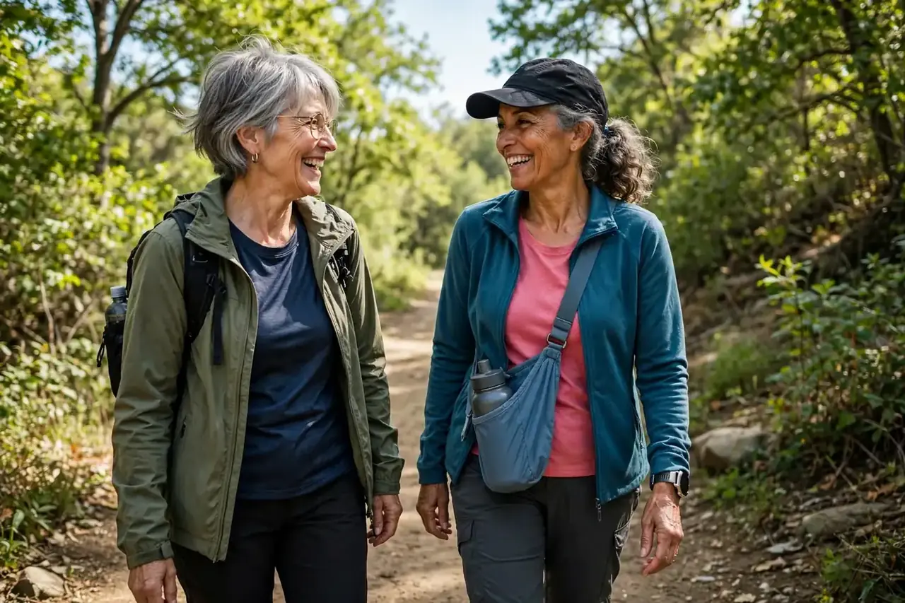 Two midlife friends walking outdoors together and smiling on a leafy path.