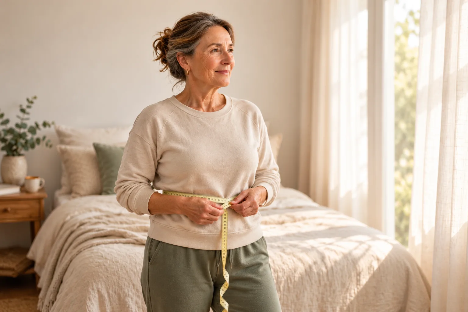 A relaxed midlife woman measuring her waist over comfortable clothes in a bright bedroom, without a mirror or scale.